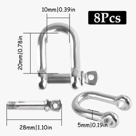 8Pcs D Rings Shackles, M5 Heavy Duty D Shackle, 304 Stainless Steel D Ring Shackle, 3/16" 5mm D Ring Screw Shackles with Pins-5mm Thick, for Hauling, Hanging,Tie Downs, Camping, Hiking, Outdoor Sports