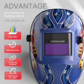 YESWELDER True Color Solar Powered Auto Darkening Welding Helmet, Wide Shade 4/9-13 for TIG MIG ARC Weld Hood Helmet LYG-L500A-BE