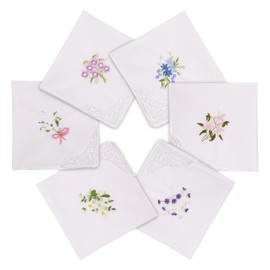 6pcs Cotton Handkerchiefs, White Floral Vintage Lace Handkerchiefs Flower Embroidered Hankies for Women Ladies Wedding Party Accessories (Random Pattern)