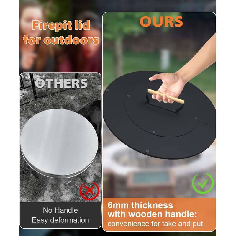 Ardier 20" Wooden-Handle Fire Pit Lid for Pits up to