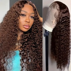 Pinketer Deep Wave Lace Front Wigs Human Hair Chocolate Color 180% Density Brazilian Human Hair Wig for Black Women Natural Hairline (#4 Color, 30inch)