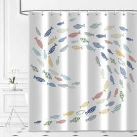 Moonslim Fish Shower Curtains, Colorful Fishes Swimming Shower Curtain, White Minimalist Aesthetic Bath Curtain for Bathroom Decor Waterproof Fabric Cloth with Hooks 72X84 Inch