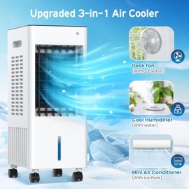 Portable Air Conditioners, Evaporative Air Cooler, 3-Side Air Intake Portable AC Unit w/ 8L Larger Water Tank, 3 Speeds, 60°Oscillation,7.5H Timer, Swamp Cooler for Room Home Office
