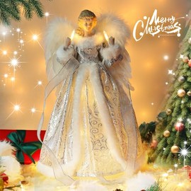 MACTING 14 Inch Angel Tree Topper with White Feather Wings and Silver Skirt, Christmas Tree Topper with LED Light for Tree Toppers, Christmas Decorations
