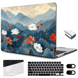 MEEgoodo Case for MacBook Air 15 inch M4/M3/M2 2025 2024 2023, Case Fit Model (A3241/A3114/A2941) for MacBook Air 15-inch, Laptop with Keyboard & Camera Cover & OTG Adapter, Lotus Fields