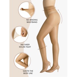 FZPZP 30D Women's Backseam Sheer Tights- 2 Pairs Nylon Seamed Tights High Waist Control Top Pantyhose with Reinforced Toes Nude Large