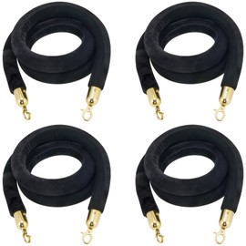 JAPCHET 4 Pack 6.5 Feet Velvet Rope, Black Velvet Stanchion Rope with Gold Polished Hooks, Crowd Control Queue Line Barrier Rope Hanging Ropes for Hotels, Movie Theaters
