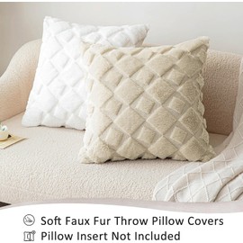 CJWLKJ 2Pcs Soft Faux Fur Throw Pillow Covers 18x18 - Plush Short Wool Velvet Decorative Pillow Covers - Couch Sofa Pillow Covers for Living Room - with 3D Plaid Pattern (Beige)