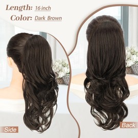 KooKaStyle Ponytail Extensions, 16 inch Dark Brown Long Drawstring Wavy Clip in Ponytail Hair Extensions Layered Synthetic Hairpiece for Women