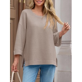 Tankaneo Women's Oversized Sweaters Casual 3/4 Long Sleeve Crewneck Ribbed Knit Split Tunics Fall Loose Pullover Tops Khaki