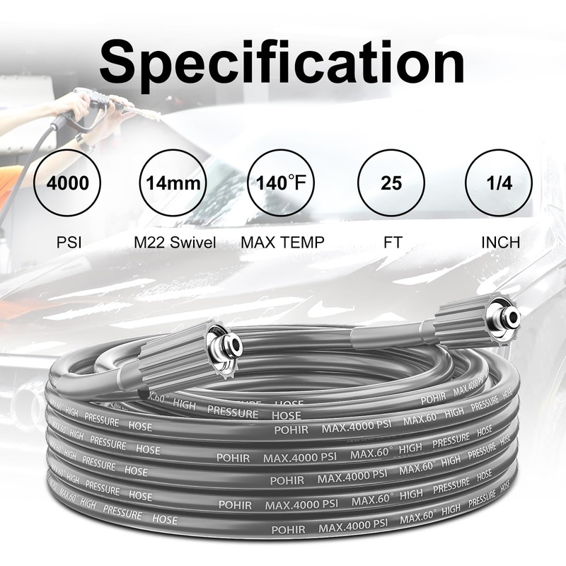 POHIR Pressue Washer Hose 25ft x 1/4", Upgrade Super Flexible