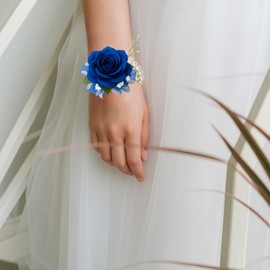 ZOFLIN Navy-Blue Corsage Wristlet and Boutonniere Set - 2025 Artificial Flowers for Weddings Prom Bridesmaids Groomsmen - Adjustable Elastic Band Rust-Proof Pins - Set of 2