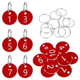 Flintronic Pack of 10 Plastic Number Plates, Plastic ID Number Plates, Small Waterproof Number Tags, ID Tags with Hole, with Key Rings, for Wardrobe Hotel (Red, 1-10)