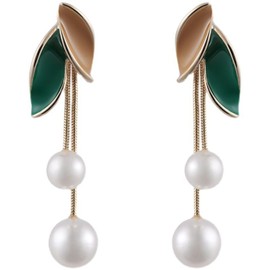 Zeshimb Boho Pearl Drop Earrings Gold Long Tassel Pearl Dangle Earrings Vintage Pearl Leaf Stud Earrings Double Faux Pearl Statement Earrings Silver Pearl Earrings Bridal Jewelry for Women