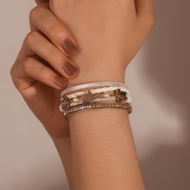 FANCY SHINY Turtle Starfish Leather Wrap Bracelet Boho Rhinestone Pearl Cuff Bracelet with Magnetic Clasp for Women Cute Stackable Layer Ocean Beach Jewelry Gift(White)