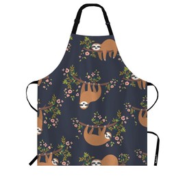 Beabes Sloth Bib Apron Adjustable Neck Strap Cartoon Sloths Rose Flower Tree Branch Garden Polyester Work Apron Crafting BBQ Drawing Chef Waitress 27" X 31" Aprons
