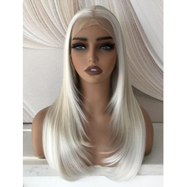 Skunk Stripe Wig Lace Front Wig Pre Plucked 13x6 Glueless Synthetic Lace Front Wig for Women Highlight Blonde with White Tips Long Straight Layered Synthetic Wigs for Daily Use 22 Inch