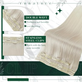 Runature Clip Extensions Real Hair Blonde, Remy Hair, Clip-In Real Hair Extensions White Blonde, 50 cm, 50 g, #800