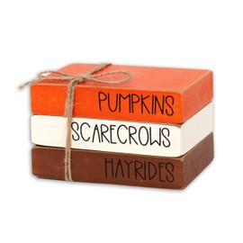 Capiont Thanksgiving Wood Book Stack Decor - Pumpkins Scarecrows Hayrides Tiered Tray Decor,Autumn Mini Faux Decorative,Farmhouse Mini Decorative Books Bundle (Pumpkins Book Stack Orange)