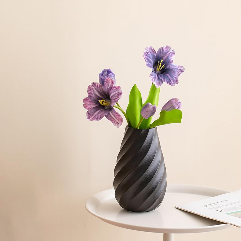 Black Ceramic Flower Vase with Textured Spiral Design, Modern Minimalist