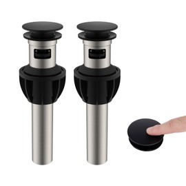 Hibbent 2 Pack Universal Bathroom Sink Drain Stopper, Pop Up Drain Strainer with Overflow, Push and Seal Sink Plug with Basket for Lavatory Vanity Vessel, Anti-Clogging Strainer, Matte Black