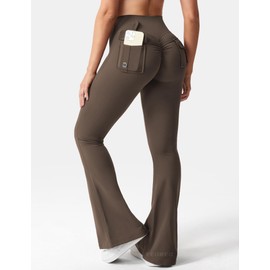 YEOREO Flare Leggings with Pockets for Women Brittany Leggings Workout Leggings for Women Butt Lifting Gym Yoga Leggings Coffee M
