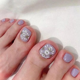 Purple Artificial Acrylic Fake Nails for Toe, Press on Toenails Coffin with Flower Daisy Designs, Full Cover Reusable False Toenails with Glue, Glue on Toe nails with Charm for Women Girls（JP1643）