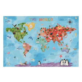 Fun Cartoon Animal World Map Canvas Banner Vibrant Animal Nature Illustrations, Educational Geography Decor Banner for Classroom or Playroom Educational Wall Decor 20x30inch