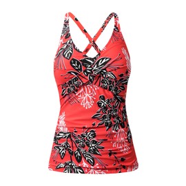 Fanuerg Tankini Top Only Twist Front Bathing Suit Tops for Women Tummy Control Tank Tops V Neck Swimsuit Top No Bottom Orange Red Floral XL