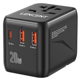 LENCENT Universal Travel Adapter, World Travel Plug International Adapter with 2 USB & Type-C PD 20W, Worldwide Charger for Mobile Phones, Laptop, USA/UK/EU/AUS Sockets, Black