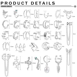 Kakonia 32Pcs Ear Cuff Earrings Set Clip On Wrap Earrings Non Piercing Cartilage Dangle Chain Earring Cuffs for Women Adjustable Snake Butterfly Ear Clip Fake Helix Wrap Ear Clip Earrings