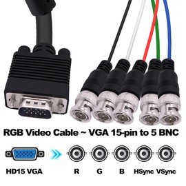 CybNemo VGA to BNC Adapter Cable HD15 VGA to 5 BNC Male to Male RGBHV Coaxial Monitor Breakout Wire for HDTV PC Projector Large Screen Video Conversion Cable -1.5M