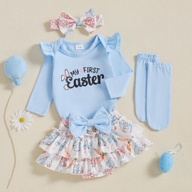 BeQeuewll Newborn Baby Girl Easter Outfit Bunny Clothes Long Sleeve Romper+Bloomers Tutu Skirt+Socks+Headband 4Pcs (First Easter, 0-3 Months)