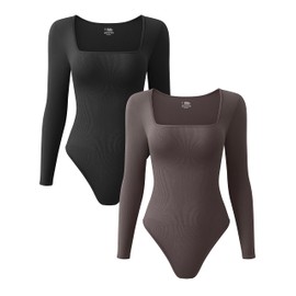 OQQ Women's 2 Piece Bodysuits Sexy Ribbed One Piece Square Neck Long Sleeve Bodysuits Black Tea leaf