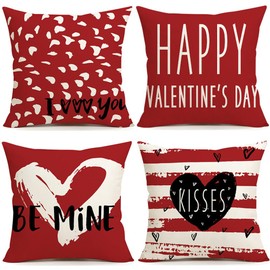 NIGHTWISH Valentines Day Decorations Love Heart Valentines Day Pillow Covers 18x18 Set of 4 Valentine Heart Stripes Throw Pillow Case Kisses Be Mine Cushion Cover for Home Sofa Couch