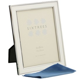 Sixtrees Abbey White 2-103-68 Polished Silver photo frame with lacquered gloss white metal insert for an 8 x 6 inch photo. Complete with our microfibre polishing cloth.