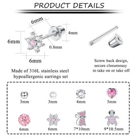 CASSIECA 8 Paar Hypoallergene Ohrstecker für Damen Mädchen 316L Edelstahl CZ Herz Schraubverschluss Ohrring Herz Schmetterling Zirkonia Tragus Knorpel Ohrringe Kinder