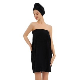 MiYODOS Womens Bath Body Wrap Towel Shower Spa Wrap Robe Adjustable Closure Bathrobe with Hair Towel Black L