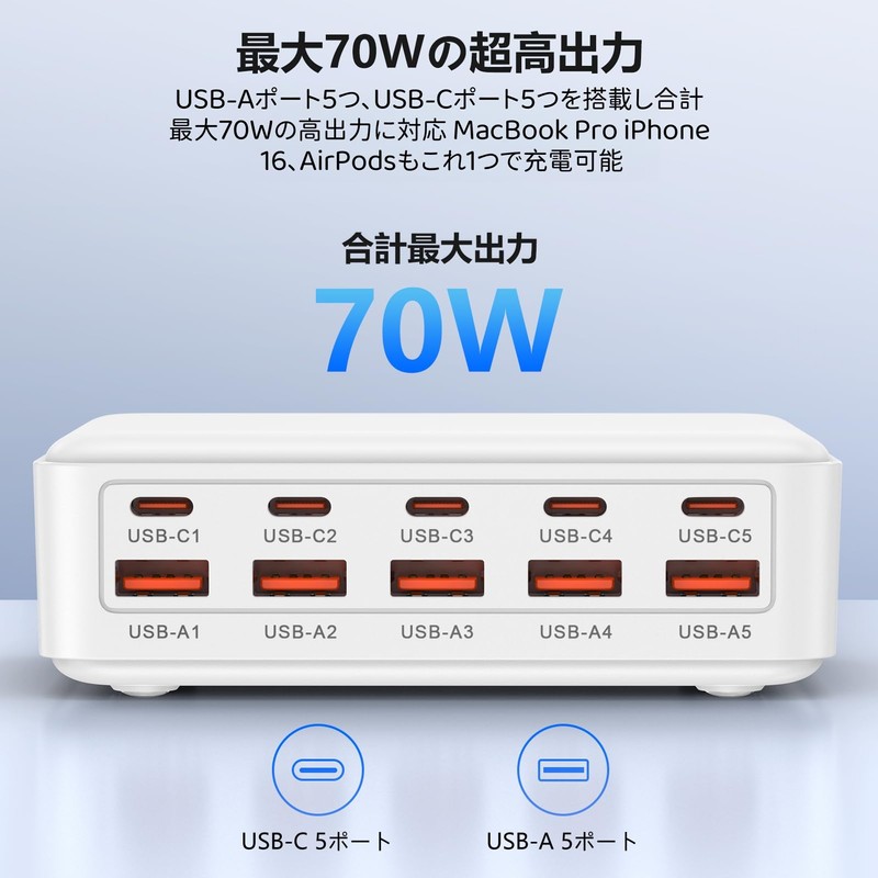 iP-JP 70W 10-Port USB Rapid Charger,White