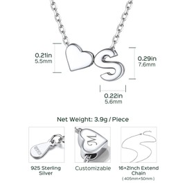 ChicSilver 925 Silver Chain, Letter Necklace with Heart, Small Heart Chain with Letter Pendant, Initials A-Z Fashion Jewellery for Women Girls, Sterling Silver