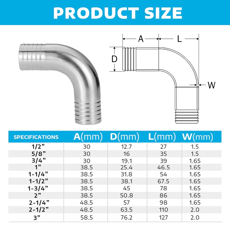 Yoebor Stainless Steel 304 Sanitary Hose Barb 90 Degree Elbow