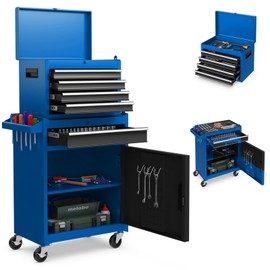 DORTALA Rolling Tool Chest Cabinet, Tool Box Organizer with 5 Sliding Drawers, Locking System, Toolbox Storage Cabinet on Wheels for Garage Workshop, Blue & Black