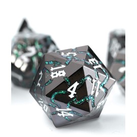 Soar Forge Metal Dice for DND - Ancient Cracked Glitter Set - Polyhedral Dice (D%, D20, D12, D10, D8, D6, D4) - Gunmetal Green Glitter - Unisex - Ages Toddler to Adult