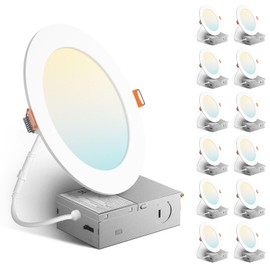 Amico 12 Pack 6 Inch 5CCT Ultra-Thin LED Recessed Ceiling Light with Metal Junction Box, 2700K-5000K Selectable, 12W Eqv 110W, Dimmable Canless Wafer Downlight with Plastic Trim, 1050 Lumens -ETL&FCC