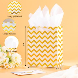 PASEOTA 9” Gift Bags Set of 12 - Include Tissue Paper, Cards, Envelopes & Stickers, White Metallic Gold Gift Bags with Handles for Birthday, Wedding, Bridal Shower, Christmas