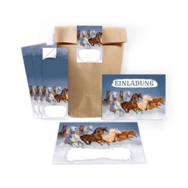 Minkocards 12 Invitation Cards for Children's Birthday Parties Girls Horse Including 12 Envelopes, 12 Party Bags / Natural, 12 Stickers Invitation Set