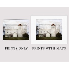 Country Farmhouse Home Decor Set of 4 White Barn Prints (Not Framed). Rustic Farm Landscapes in Blue, White, Gray, Green. (4 5x7 Prints with 8x10 Mats)