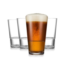 Drinique Unbreakable Caliber Pint Beer Glasses – Set of 4 | 16oz Tritan Plastic - Made in USA | 50% Recycled Content | Reusable, Dishwasher Safe, BPA-Free, Shatterproof | Everyday Use - Clear
