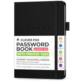Clever Fox Password Book – Alphabetized Internet Address & Password Organizer – Computer & Website Password Keeper Notebook – Log-in Password Journal – Medium, A5, 8.3x5.8″, Hardcover (Black)