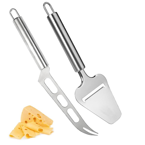 Jinsion Set of 2 Cheese Knives, Cheese Slicer, Stainless Steel Cheese Scraper, Stainless Steel Cheese Slicer, Pizza Shovel, Round Handle Cheese Slicer, Cheese Knife Set for Soft Cheese, Chocolate,